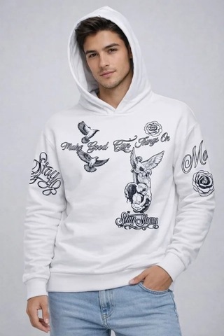 Defymoda Erkek 3 İplik Pamuklu Kapüşonlu Baskılı Sweatshirt Hoodie - Beyaz