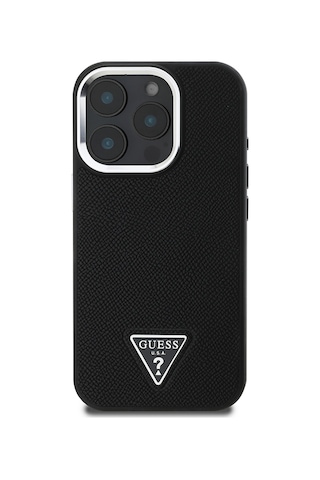 Apple Uyumlu iPhone 14 Pro Max Kılıf Guess Lisanslı M-safe Şarj Özellikli Grained Triangle Kapak Siyah