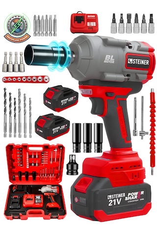 Steiner 21v 1100 Nm Kömürsüz Torklu Çift Akülü 10 Pilli 1/2 Kırmızı Şarjlı Somun Sıkma Sökme Makinesi + 38 Parça