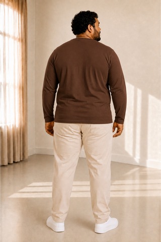 Sngl Tekstil Erkek Büyük Beden Oversize Uzun Kollu V Yaka T-shirt 3xl 4xl 5xl 6xl 7xl 8xl 9xl Kahverengi