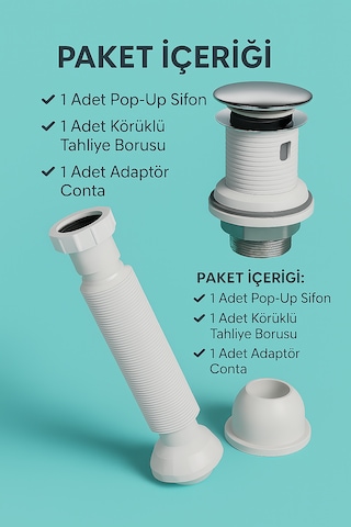 Pop-up Lavabo Sifon Seti Taşmalı Uyumlu, Körüklü Tahliye Ve Ada