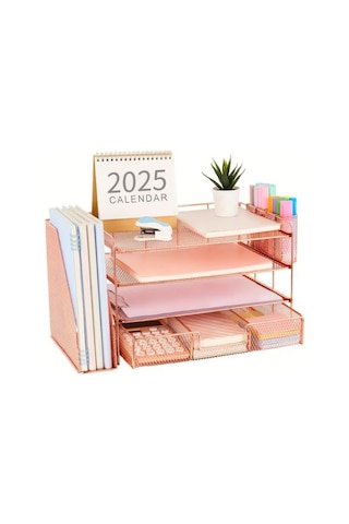 Temel Rose Gold Metal Mesh 3 Katlı Masaüstü Organizer Dosyalık Çekmeceli Kalemlikli 33x22x23 Cm 9533