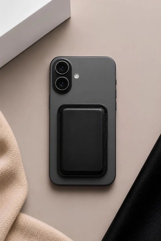 iPhone Uyumlu 16 Premium Hakiki Deri Cüzdan Magsafe Noir Siyah