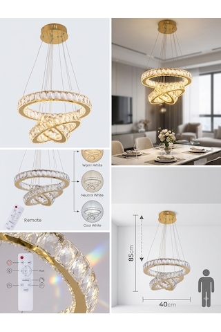 Ala Lighting Plaket Kristal Taş İşlemeli Gold Paslanmaz 3'lü Led Avize Altın - Gold