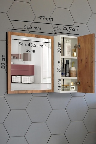 Aynalı Banyo Dolabı 80 Cm Üst Modül Kayın Renk Çok Renkli
