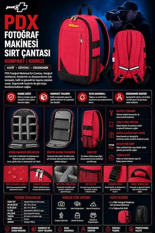 Pdx Fotoğraf Makinesi Sırt Çantası For Nikon Kırmızı