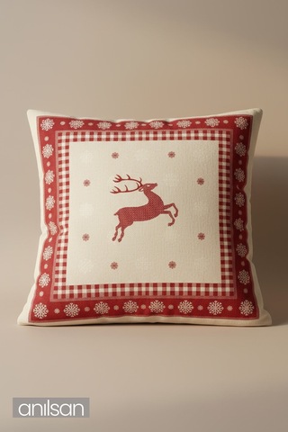 2adet Geyik Desenli Çift Taraflı Kırlent Kılıfı - 45x45 Cm Yılbaşı Dekoratif Kırmızı - Beyaz