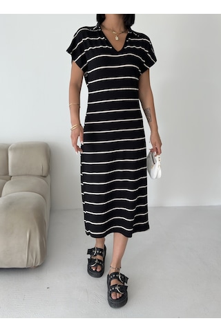 Kadın Pamuklu Polo Yaka Çizgili Elbise Siyah