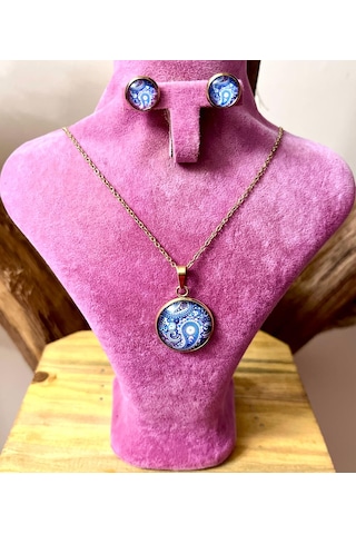 316l Çelik Otantik Figürlü Kolye Küpe Hediyelik Set Lacivert