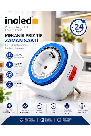 İnoled 3070 Mekanik Priz Tipi Zaman Saati 24 Saat Programlanabilir 16a 3680w