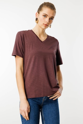 Kadın V Yaka Flamlı Kumaş Basic Tshirt Kahve Kahve