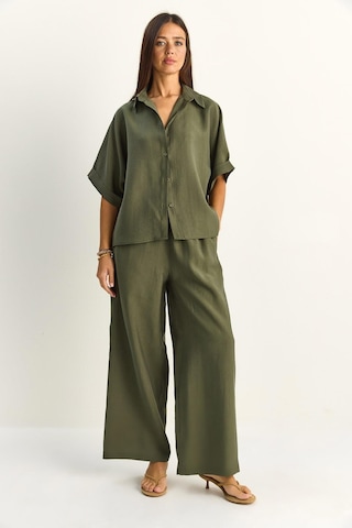 Shade Kadın Oversize Kısa Kol Gömlek Beli Lastikli Geniş Paça Pantolon Takım 7651 60286138 - Haki