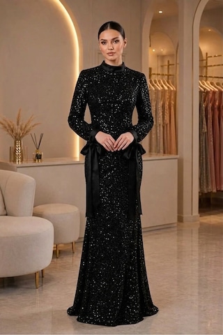 Dorne Moda Payetli Kemer Detaylı Uzun Kollu Balık Model Abiye Elbise Siyah Siyah