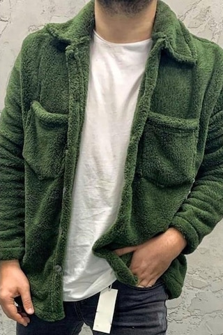 Unisex Haki Düğme Detaylı Cepli Peluş Ceket Haki