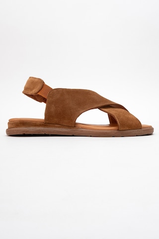 Luvishoes 706 Hakiki Deri Taba Suet Kadın Sandalet Taba