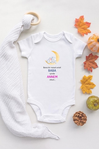 Tuğba Baby Özel Tasarım Bana Bir Masal Anlat Baba Içinde Annem Olsun Yazılı Bebek Body Beyaz Badi Zıbın Beyaz
