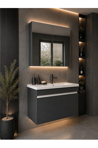 Modern Linea 80 Cm Antrasit Renkli Mdf Seramik Lavabolu Alt Ve Üst Dolaplı Üst Aynalı Banyo Dolabı