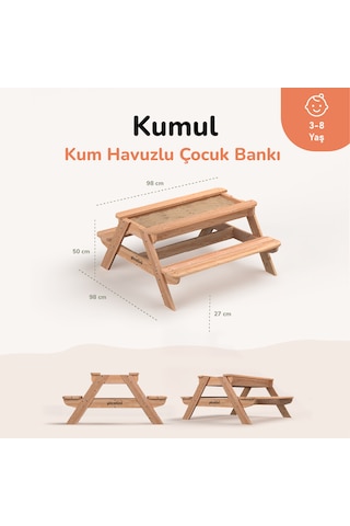 Ovlo Çocuk Kum Havuzlu Etkinlik Masası Kapaklı 3-8 Yaş 4 Kişilik Kumul Naturel