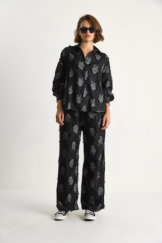 Shade Kadın Oversize Gömlek Beli Lastikli Pantolon Saçaklı Dokuma Alt-üst Takım 6024 60284107 - Siyah