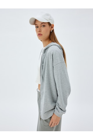 Koton Fermuarlı Kapşonlu Sweatshirt Uzun Kollu Üç İplik Pamuklu Gri 5wak10225ek Gri