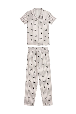 Cottonhill Gri Çizgi Desenli Yumuşak Dokulu Gömlek Yaka Kadın Pijama Takımı