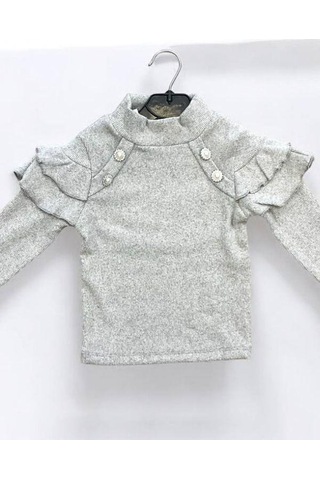 Kız Çocuk Kışlık Kolları Fırfırlı Örme Kazak-14423 Gri