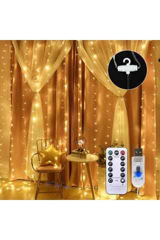 Skycity Usb Şarjlı 200 Led 3x2m Perde Işığını, Uzaktan Kumandalı 8 Işık Modu Ve Parlaklık Ayarlamalı, Ev Ve Dış Mekan Dekorasyonu Için Islak Işık Sıcak Beyaz