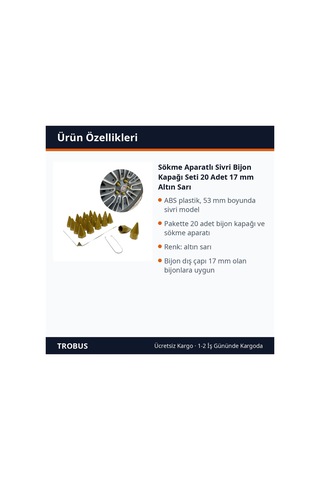 Trobus Sökme Aparatlı Sivri Bijon Kapağı Seti 20 Adet 17 Mm Altın Sarı