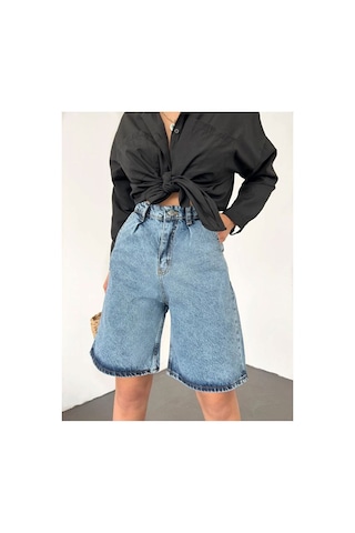 Nido Moda Kadın Yüksek Bel Geniş Paça Denim Şort Mavi