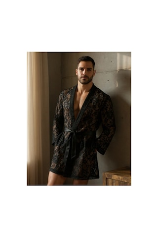 Qmen Style Erkek Dantelli Kimono Ve Sabahlık Siyah