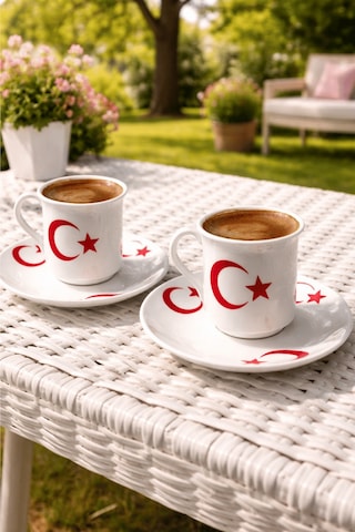 2'li Ay Yıldız Temalı Kahve Fincanı Seti - Baskılı Fincan Takımı beyaz