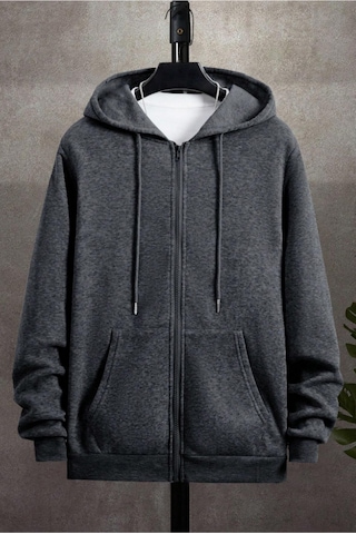 Cool Tarz Unisex Relax Fit Rahat Kesim Pamuklu İçi Polarlı Çift Cepli Fermuarlı Füme Kapüşonlu Sweatshirt Füme Füme