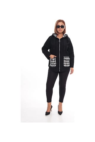 Lady Majestic Büyük Beden Kapüşonlu Fermuarlı Sweatshirt Hırka 44-58 Beden Siyah