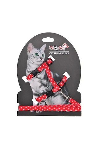 Pettagart Kırmızı Beyaz Yıldız Desenli Ayarlanabilir Kedi Göğüs Tasma Seti 10 Mm 110 Cm