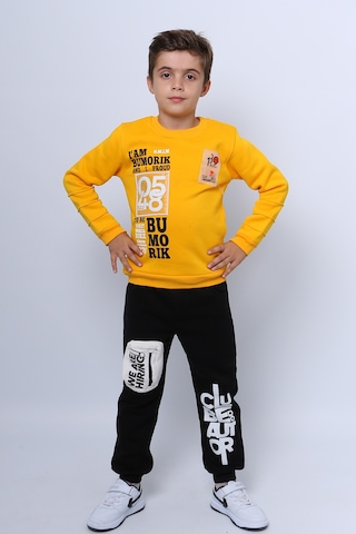 Erkek Çocuk 3 İplik Eşofman Takımı Baskılı Cep Detaylı D33 Sarı