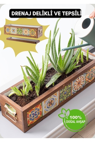 Halohope El Yapımı 5 Meksika Çinili Dekoratif Modern Ahşap Dikdörtgen Kaliteli Bahçe Balkon Saksı Saksılık