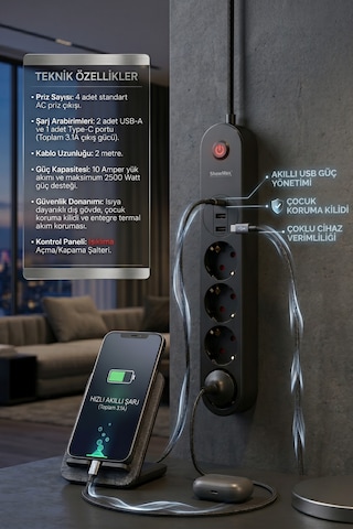 Showmax Sh-4625 Termal Akım Korumalı Çoklu Priz 2 Usb + 1 Type-c Çıkışlı 1.5 M
