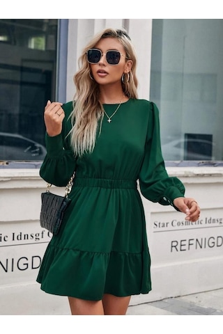 Kadın Uzun Kollu Bisiklet Yaka Beli Lastikli Fırfırlı Ithal Krep Elbise Yeşil