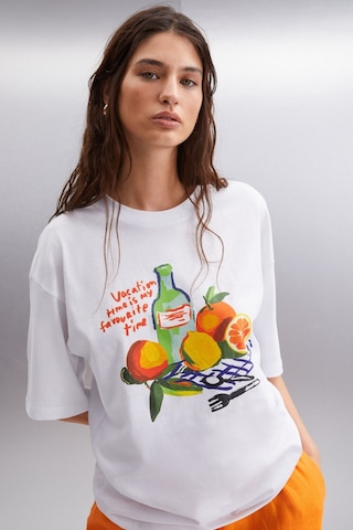 GRIMELANGE Nıtza Kadın %100 Pamuk Oversize Bisiklet Yaka Beyaz T-shirt Beyaz