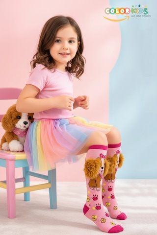 Color Socks 1 Çift Peluş Kulaklı Köpek Desenli Kız Çocuk Çorap Pembe