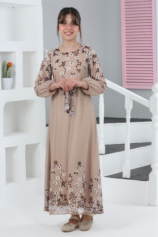 Kız Çocuk Astarlı Tam Boy Çiçek Desenli İç Göstermeyen Şık Ve Rahat Uzun Elbise Bej-beyaz