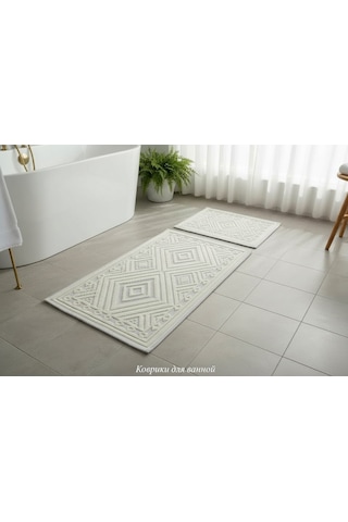 Banyo Pamuk Paspas Seti, Kaymaz Taban, Şık Ve Dayanıklı 60x100 / 60x50 Ölçülerinde Kilim Bukle Set Krem - Gri
