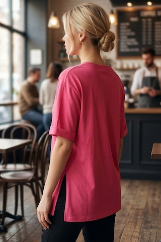 Armonika Kadın Fuşya Yuvarlak Yaka Duble Kol Yanları Yırtmaçlı Pamuklu T-shirt Arm-26y137001