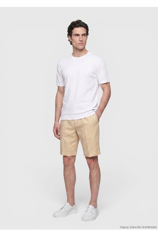 Ramsey Açık Sarı Düz Dokuma Casual Fit Casual Keten Karışımlı Bermuda