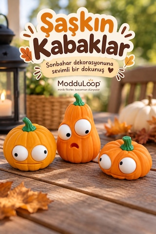3'lü Dekoratif Balkabağı Seti Şaşkın Kabaklar Hareketli Gözlü Sonbahar Dekoru
