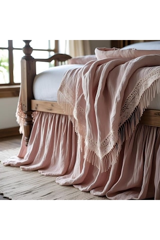 Rustik Şık Keten Fırfırlı - Yumuşak Pembe Yatak Eteği - 90 X 200 Pembe