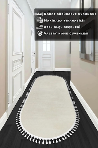 Valeryhome Vl Comfort Düz Saçaklı Peluş Düz Yolluk Ekru Oval Ekru Ponpon