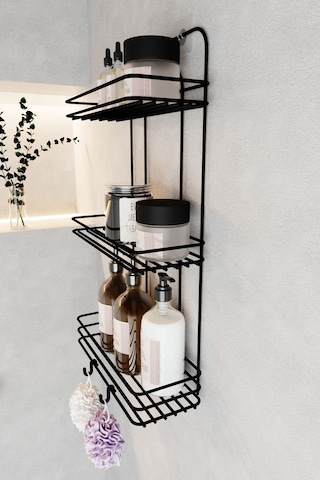 Eva Metal Tasarım Paslanmaz Yapışkanlı Düz Banyo Düzenleyici Şampuanlık Duş Rafı Siyah