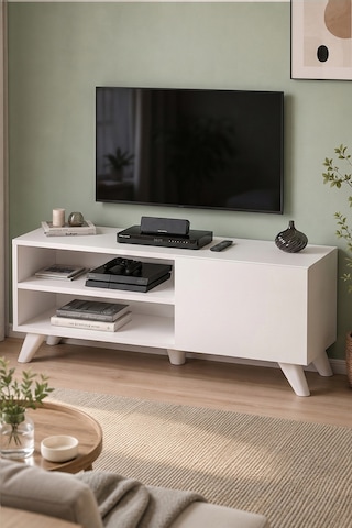 Tv Sehpası Kapaklı Tv Sehpası Raflı Tv Ünitesi Televizyon Sehpası 100 X 35 Cm Malta Beyaz Beyaz