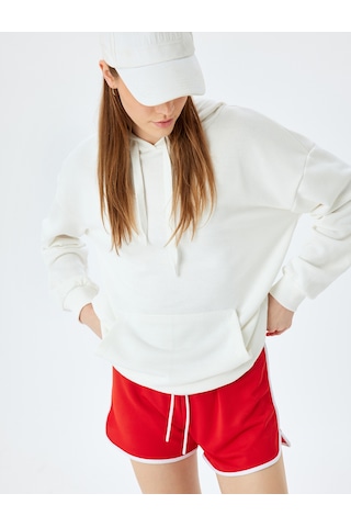 Koton Kapüşonlu Kanguru Cepli Pamuklu Basic Sweatshirt Ekru 5sal10472ık